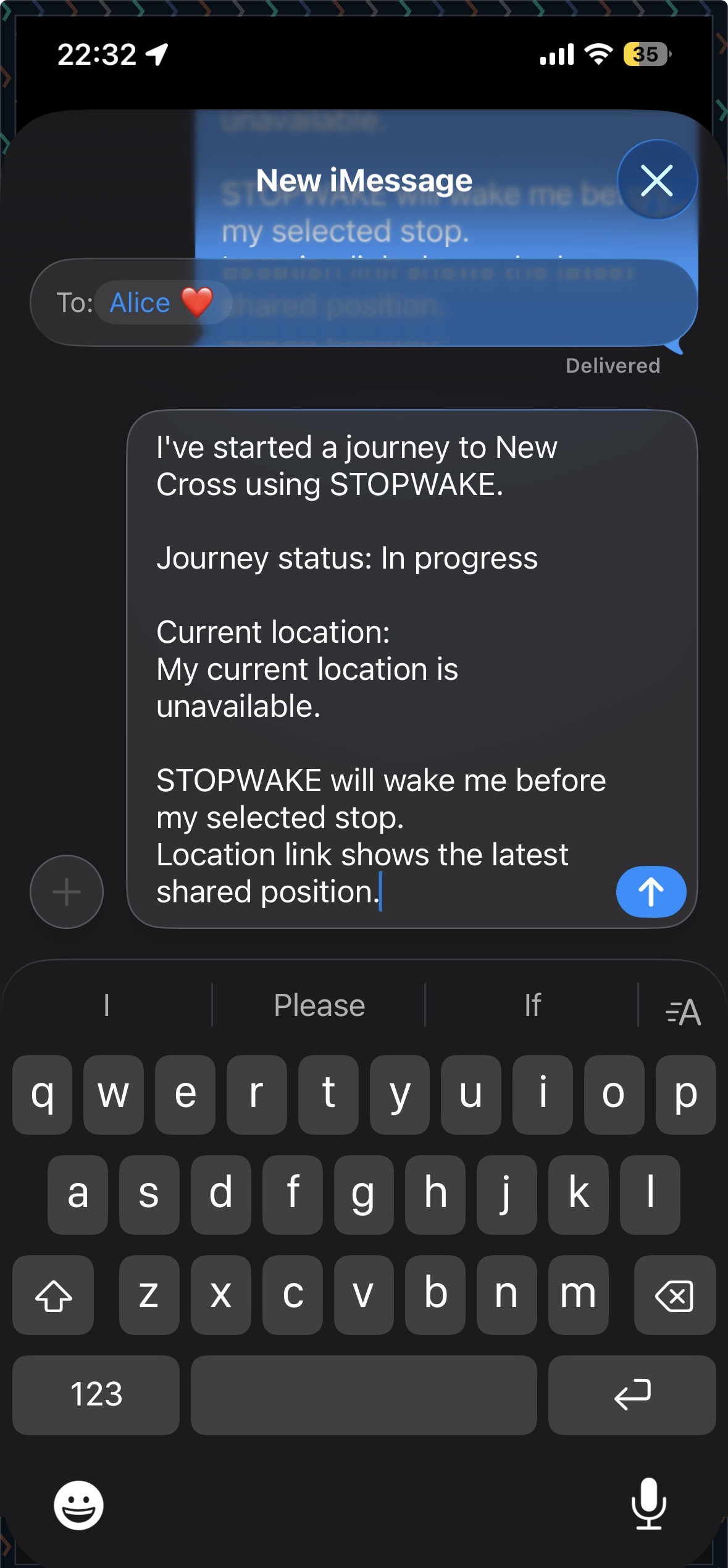 Real example of a prepared journey status text message to a chosen contact