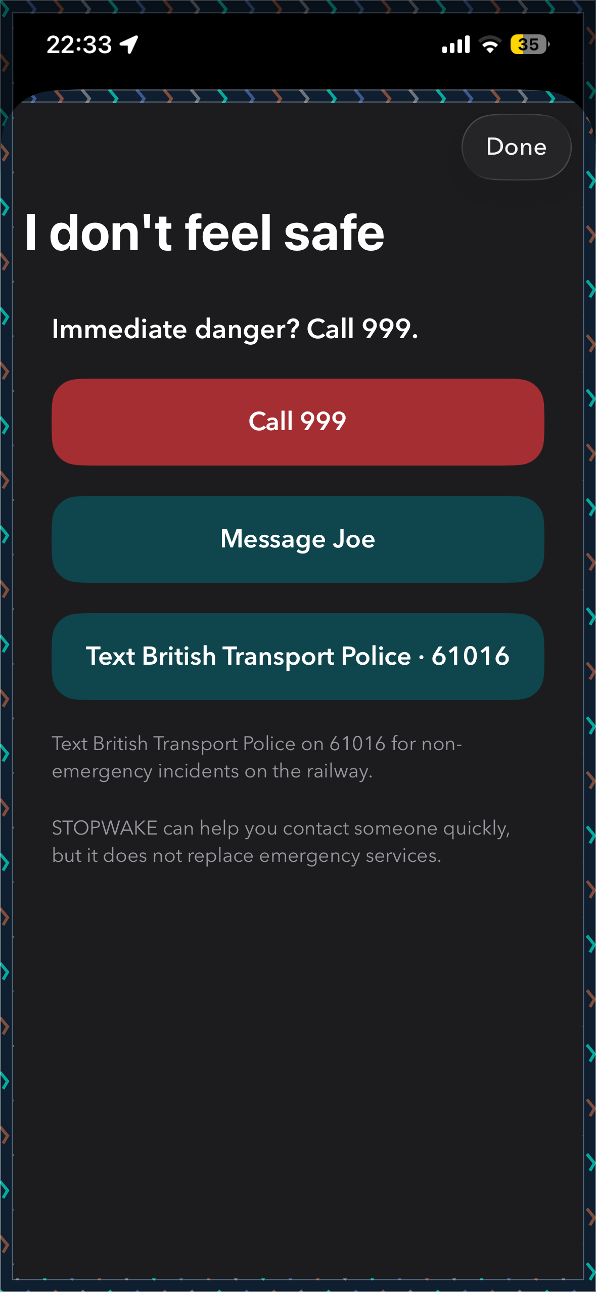 Real StopWake safety screen with Call 999, message trusted contact and text British Transport Police 61016 options