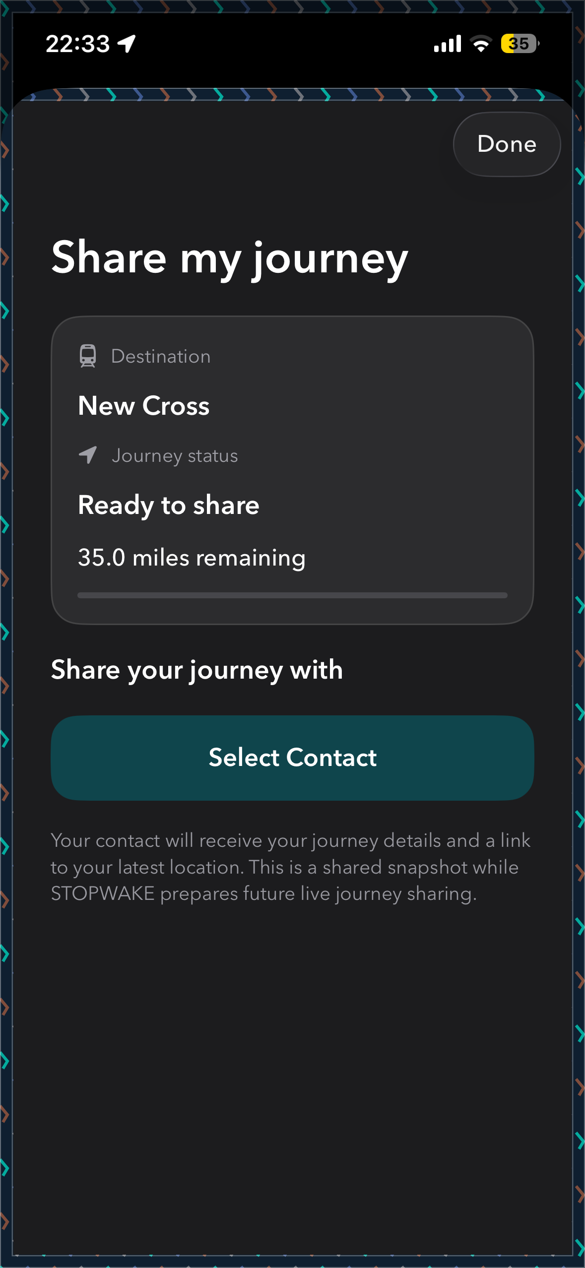 Real StopWake Share my journey screen with destination, journey status and Select Contact button