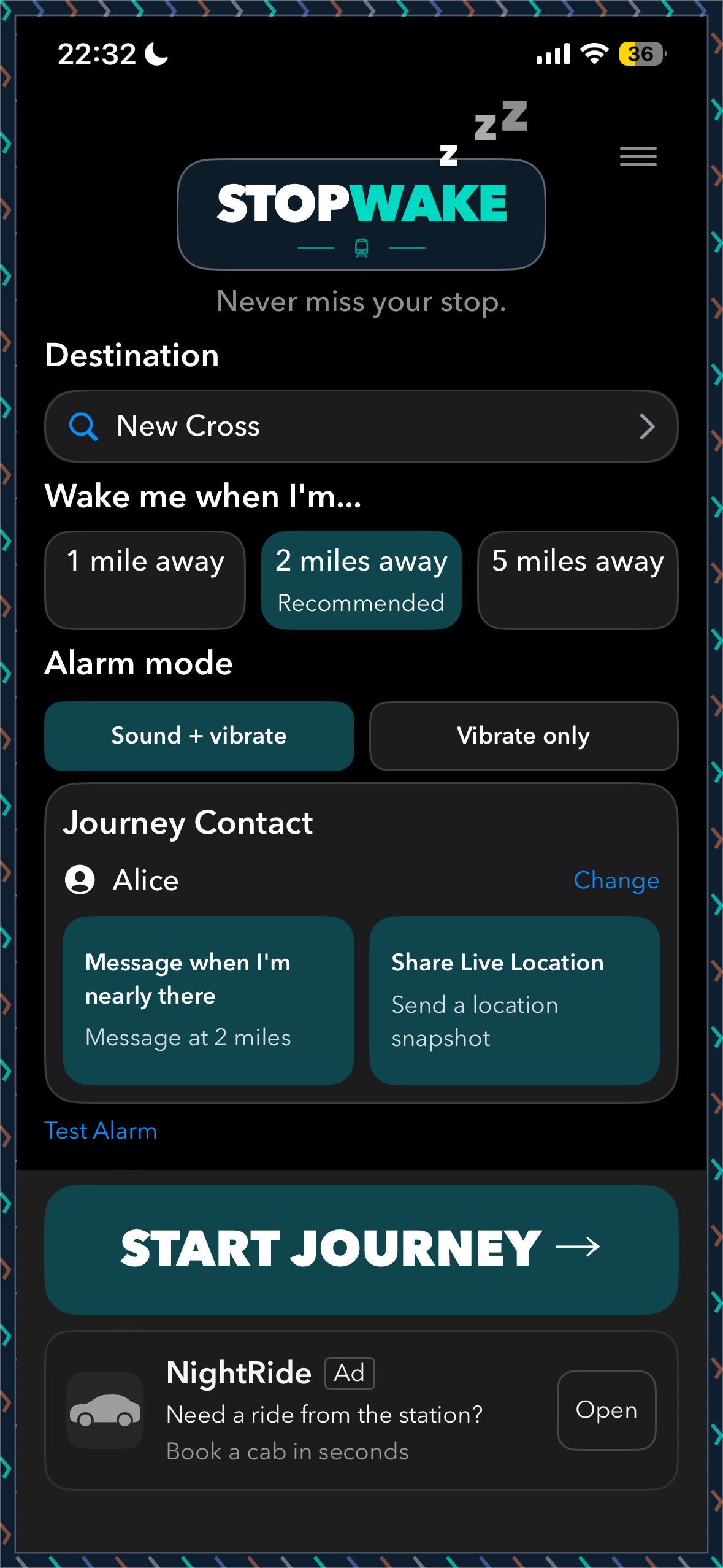 Real StopWake iPhone app screenshot: destination New Cross, 2-mile wake-up alert, journey contact and Start Journey button